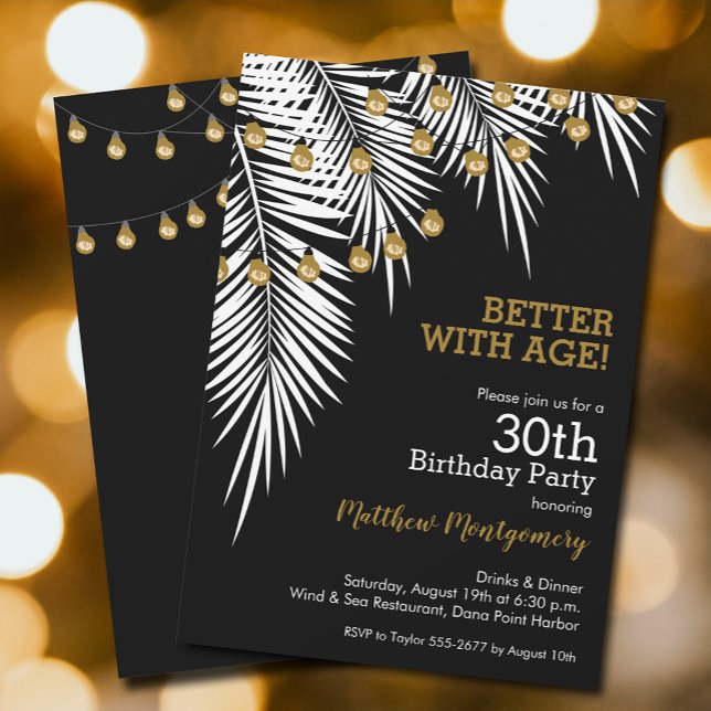 Svarta och Guld Handflatan Födelsedagsfest Inbjudningar (White Palms and string lights on black birthday party invitations, PRINTED and/or INSTANT DOWNLOAD)