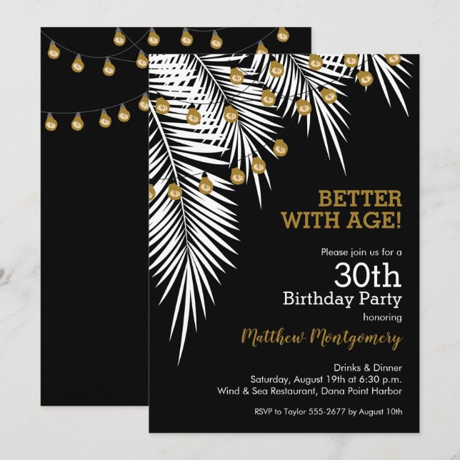 Svarta och Guld Handflatan Födelsedagsfest Inbjudningar (Fram/baksida)