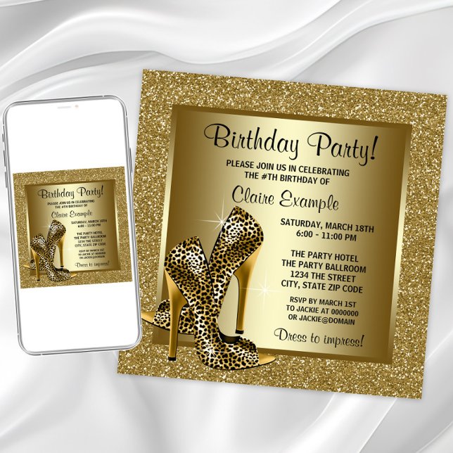 Svarta och Guld Leopard High Heel Födelsedagsfest Inbjudningar (Elegant gold leopard shoe any occasion invitation. Instant download & printed invitations available.)