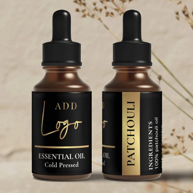 Svarta och Guld Logotyp Kosmetisk eterisk olja Fla Returadress Etikett (Black and gold essential oil dropper bottle labels that are sure to impress)