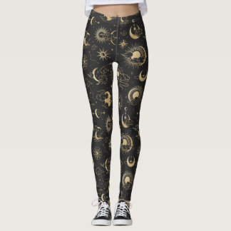 Svarta och Guld Måne Star Sol Astrology Art Art Leggings
