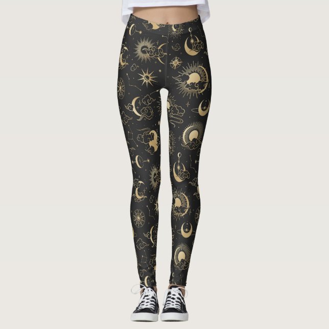 Svarta och Guld Måne Star Sol Astrology Art Art Leggings (Framsida)