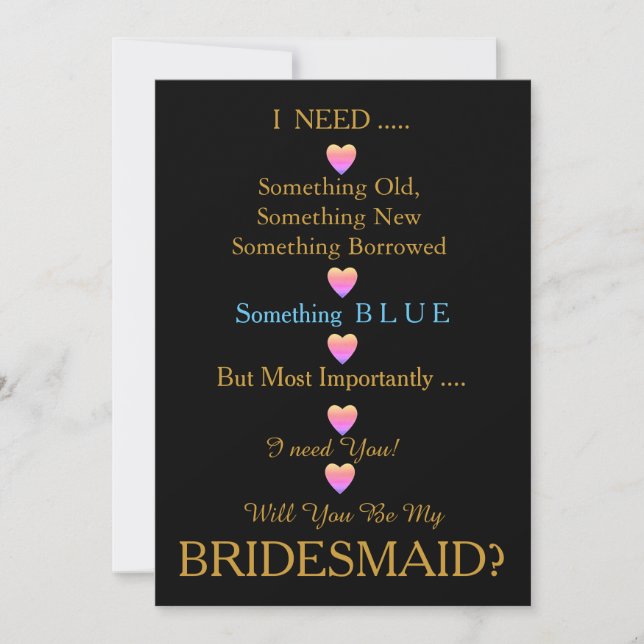 Svarta och Guld med hjärta blir du min bridesmaid Inbjudningar (Framsida)