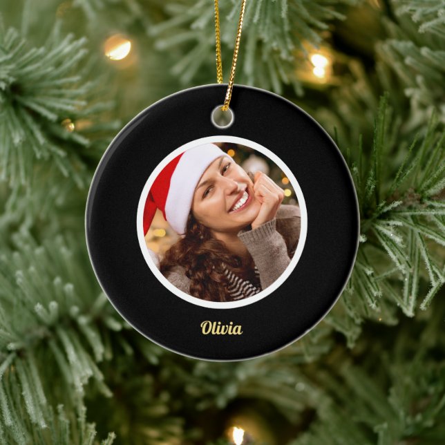 Svarta och Guld Monogram | Elegant Första FOTO Julgransprydnad Keramik (Träd)