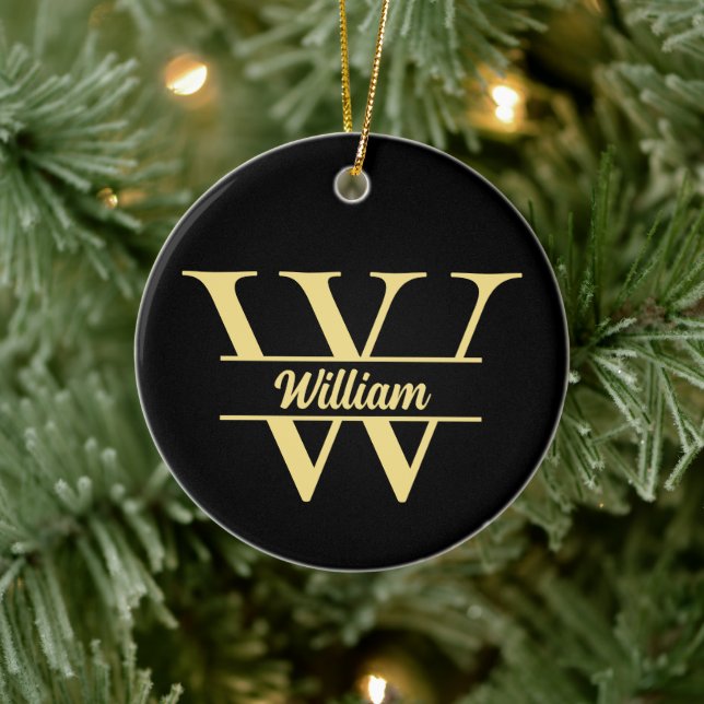 Svarta och Guld Monogram | Elegant Initialt skript Julgransprydnad Keramik (Träd)