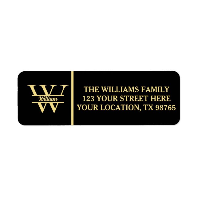 Svarta och Guld Monogram | Elegant Initialt skript Returadress Etikett (Framsidan)