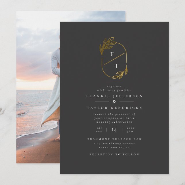 Svarta och Guld Monogram | Minimalistiskt foto Brö Inbjudningar (Fram/baksida)