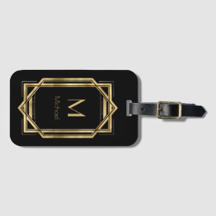 Svarta och Guld Personlig Monogram Geometrisk Bagagebricka