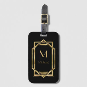 Svarta och Guld Personlig Monogram Geometrisk Bagagebricka