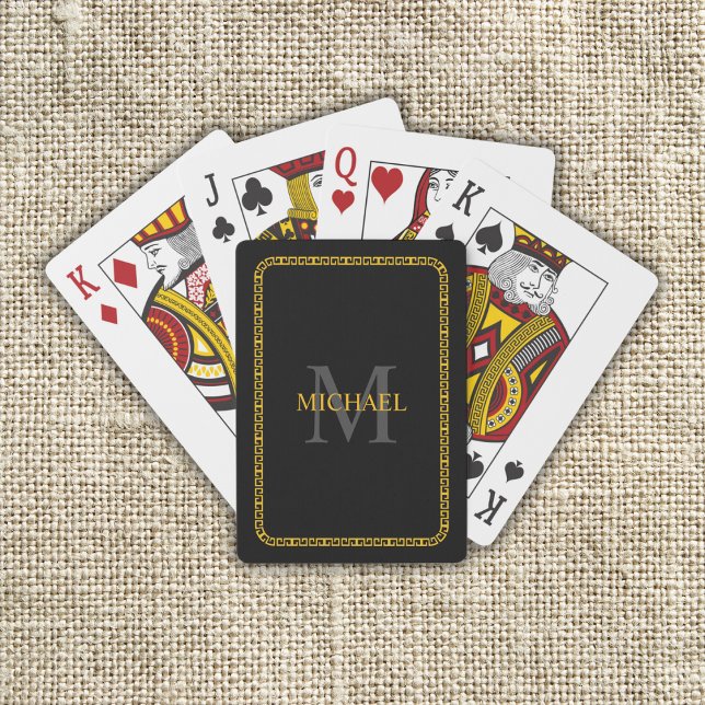 Svarta och Guld Personlig Monogram och Namn Casinokort (Black and Gold Personalized Monogram and Name Poker Cards)