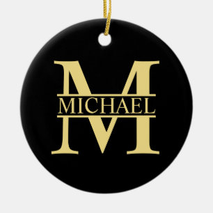 Svarta och Guld Personlig Monogram och Namn Julgransprydnad Keramik