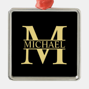 Svarta och Guld Personlig Monogram och Namn Julgransprydnad Metall