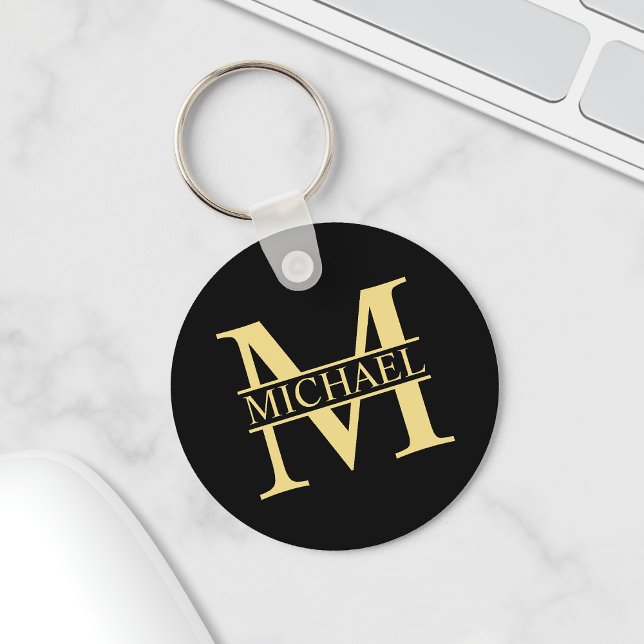 Svarta och Guld Personlig Monogram och Namn Nyckelring (Skapare uppladdad)