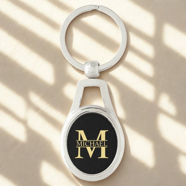 Svarta och Guld Personlig Monogram och Namn Ovalt Silverfärgad Nyckelring (Skapare uppladdad)