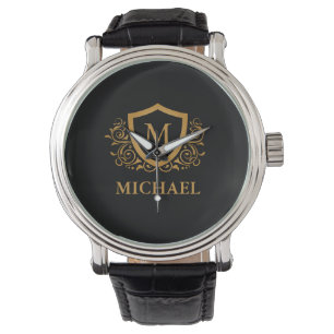 Svarta och Guld Personlig Snyggt Monogram Namn Armbandsur
