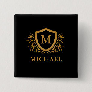 Svarta och Guld Personlig Snyggt Monogram Namn Knapp