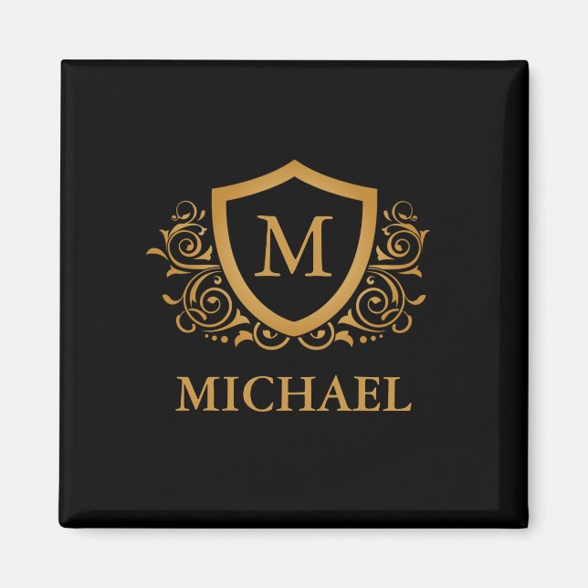 Svarta och Guld Personlig Snyggt Monogram Namn Magnet (Framsidan)