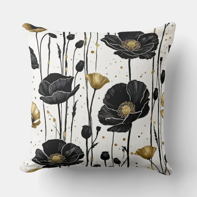 Svarta och Guld-poppies på vitt Kudde (Framsida)