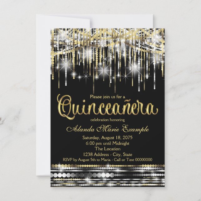 Svarta och Guld Quinceanera Glitter Glam Gnistra Inbjudningar (Framsida)