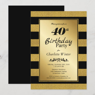 Svarta och Guld Rand 40:e födelsedagen Party Inbjudningar