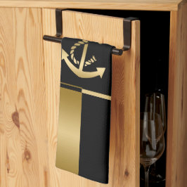 Svarta och Guld Rand med nautisk båtankare Kökshandduk