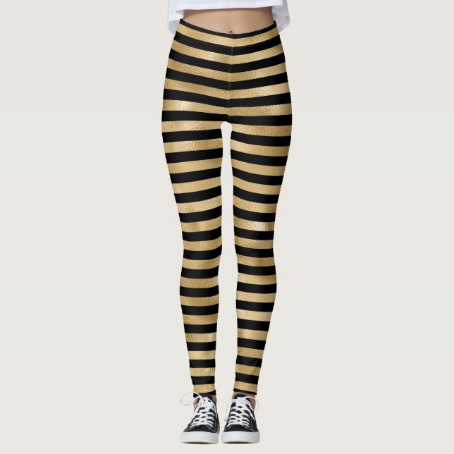 Svarta och guld randiga damleggings leggings (Framsida)