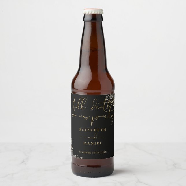 Svarta och Guld Ro Blommigt, Bröllop Ölflaska Etikett (Framsida)