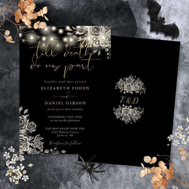 Svarta och Guld Ro Blommigt Ljus Gothic Bröllop Inbjudningar (Black And Gold Roses Floral Lights Gothic Wedding Invitation)