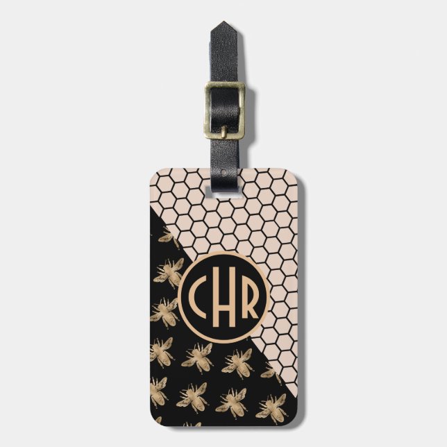 Svarta och Guld samt Rosa Honeycomb Monogram Bagagebricka (Vertikal Framsida)