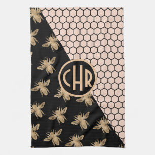 Svarta och Guld samt Rosa Honeycomb Monogram Kökshandduk