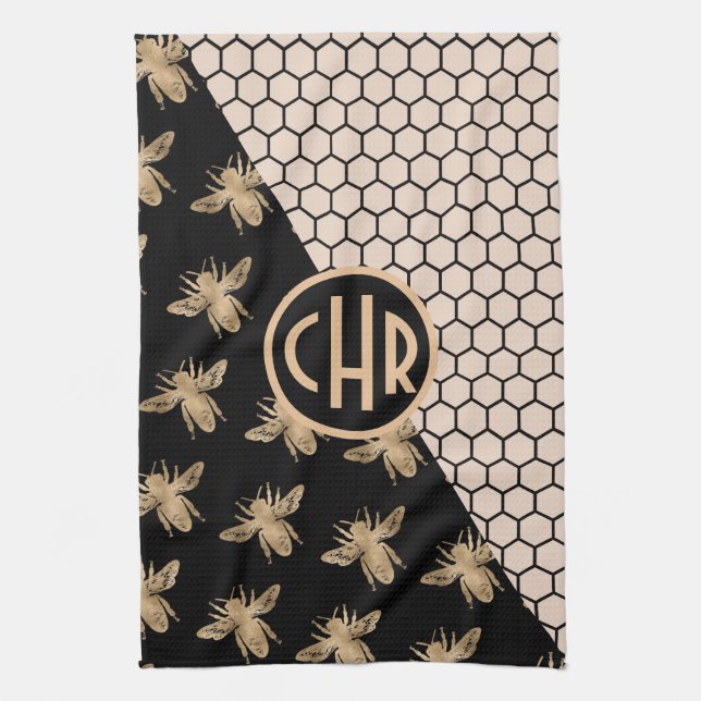 Svarta och Guld samt Rosa Honeycomb Monogram Kökshandduk (Vertikal)