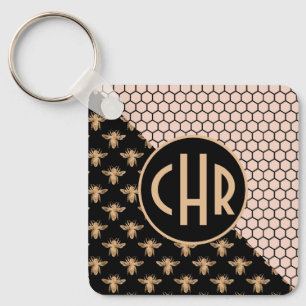 Svarta och Guld samt Rosa Honeycomb Monogram Nyckelring