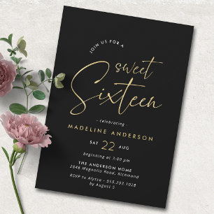 Svarta och Guld Simple Glam Sweet 16 Birthday Inbjudningar