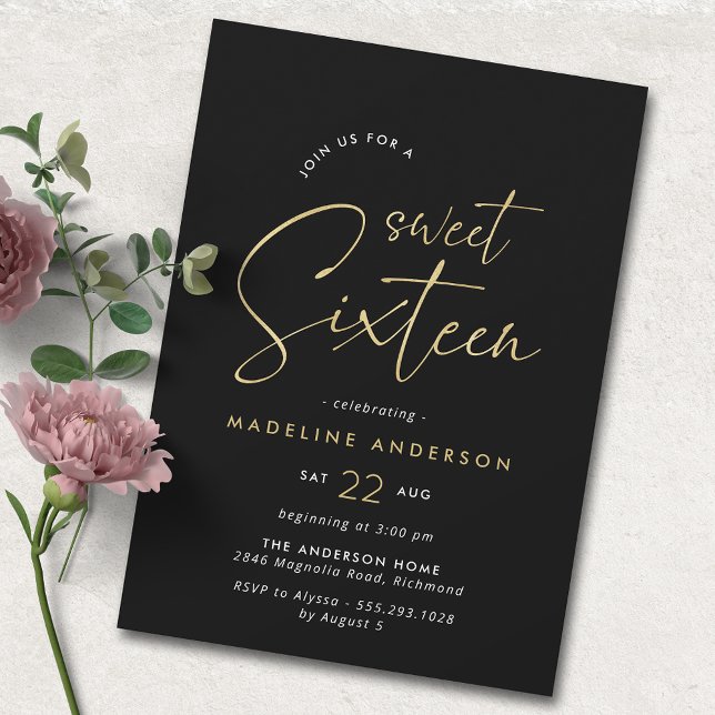 Svarta och Guld | Simple Glam Sweet 16 Birthday Inbjudningar (Skapare uppladdad)