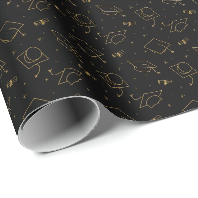 Svarta och Guld Studentmössa Toss Wrapping Papper Presentpapper (Rullad Hörn)