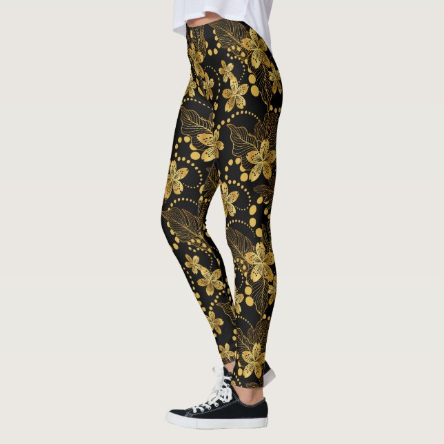 Svarta och guld tropiska löv och blommor mönster leggings (Vänster)