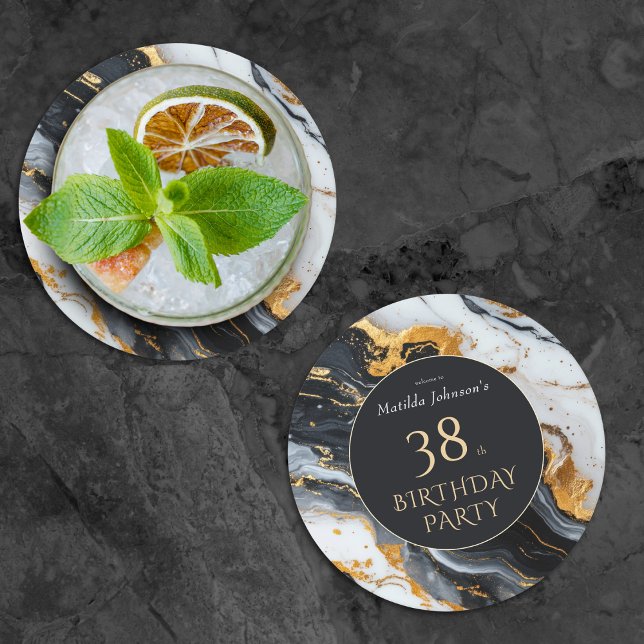 Svarta och Guld vid alla åldrar Underlägg Papper Rund (Black and Gold Any Age Birthday Round Paper Coaster)