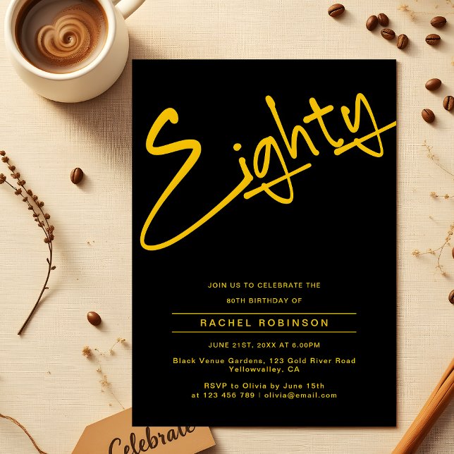 Svarta och Guld Vuxen 80:e Födelsedagsfesten Inbjudningar (Skapare uppladdad)