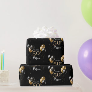 Svarta och gyllene ballonger Grattis på 50-årsdage Presentpapper