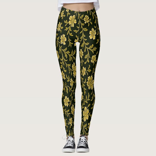 Svarta och gyllene blomsterleggings leggings (Framsida)