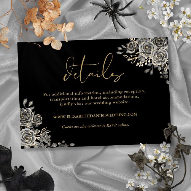 Svarta och gyllene blomsterrosor gotiska bröllopsd tilläggskort (Black And Gold Floral Roses Gothic Wedding Details Enclosure Card)