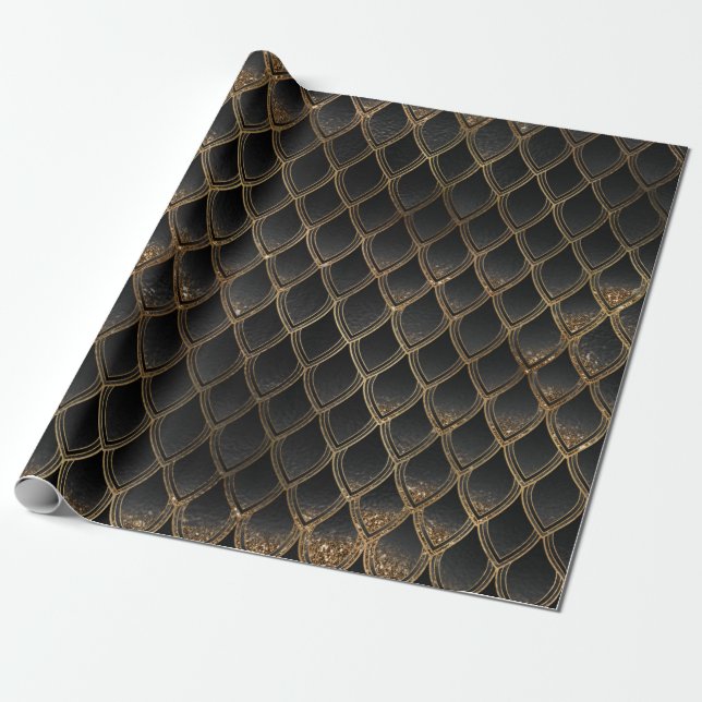 Svarta och gyllene drakfjäll presentpapper (Utrullad)