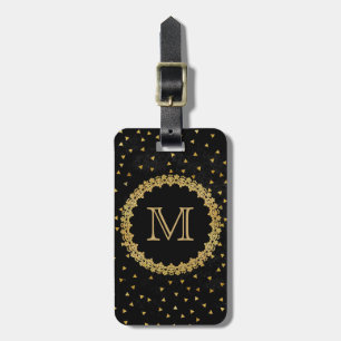Svarta och gyllene gnistrande eleganta monogram bagagebricka