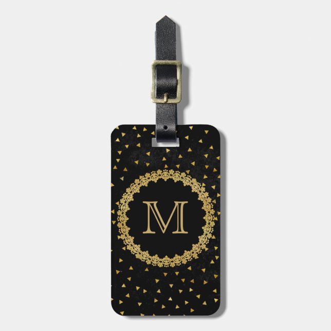 Svarta och gyllene gnistrande eleganta monogram bagagebricka (Vertikal Framsida)