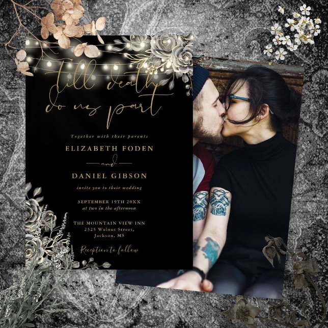 Svarta och gyllene gotiska rosenljus fotobryllup inbjudningar (Black And Gold Gothic Roses Lights Photo Wedding Invitation)