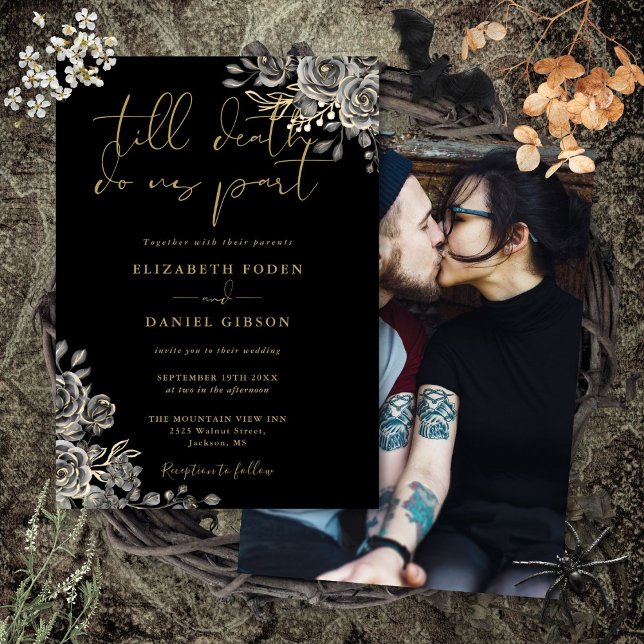 Svarta och gyllene gotiska rosor Blommig foto bröl Inbjudningar (Black And Gold Gothic Roses Floral Photo Wedding Invitation)