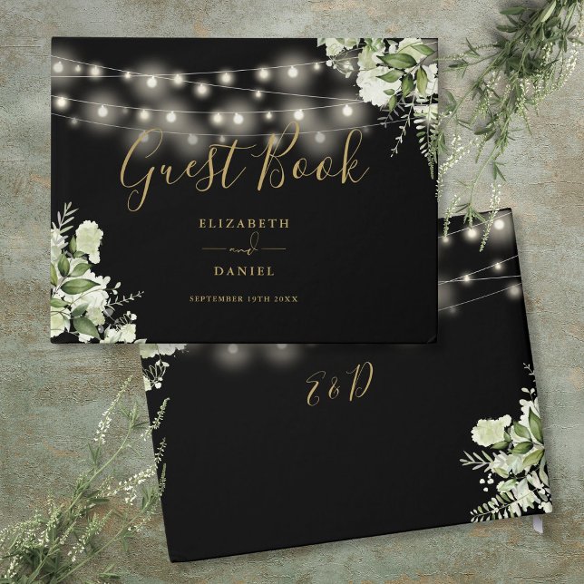 Svarta och gyllene gröna slingljus för bröllop gästböcker (Black And Gold Greenery String Lights Wedding Guest Book)
