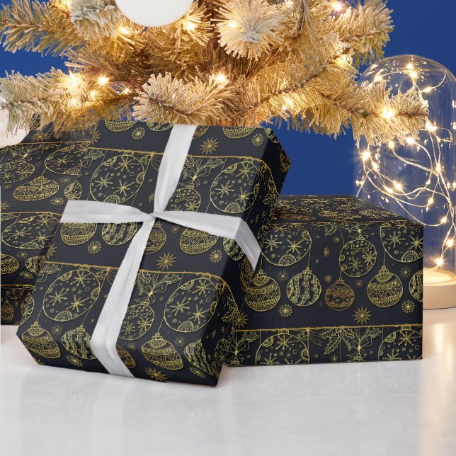 Svarta och gyllene julgransprydnader Mönster Prese Presentpapper (Helgdagar)