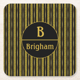 Svarta och gyllene randiga delad monogram underlägg papper kvadrat