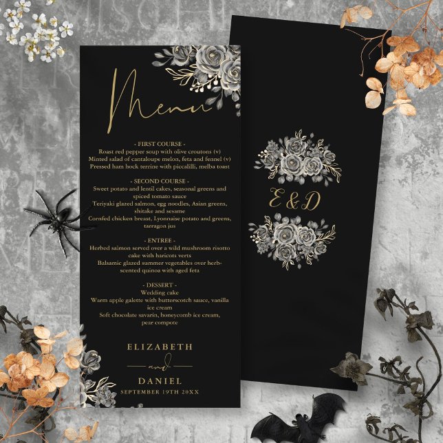 Svarta och gyllene rosor Blommig gotisk bröllopsmi Meny (Black And Gold Roses Floral Gothic Wedding Dinner Menu)